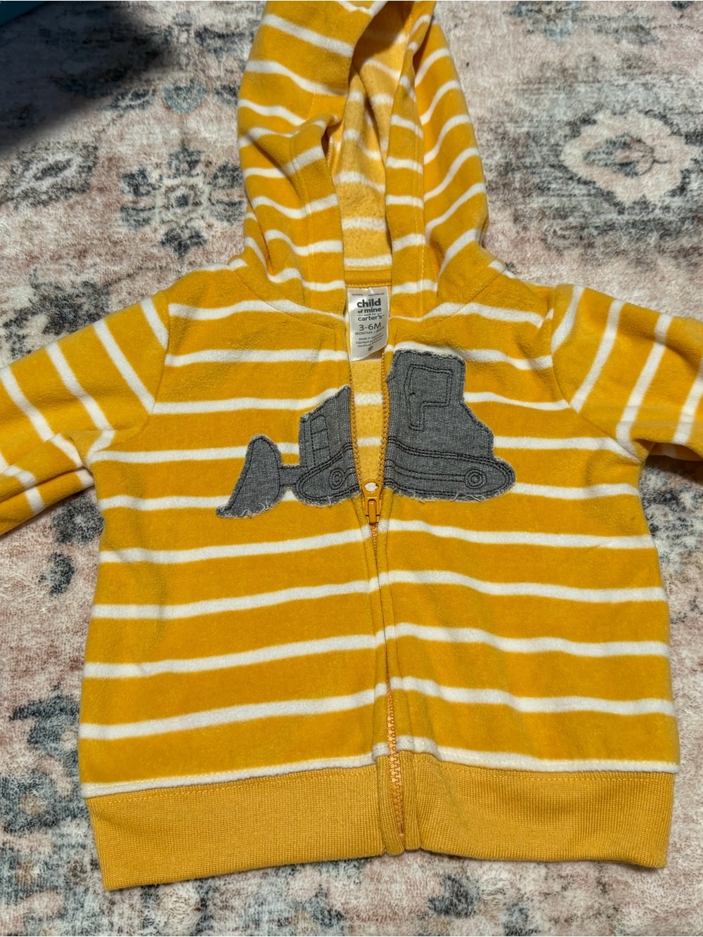 Carter's Yellow & White Striped Hooded Zip Romper with Gray Excavator Patch